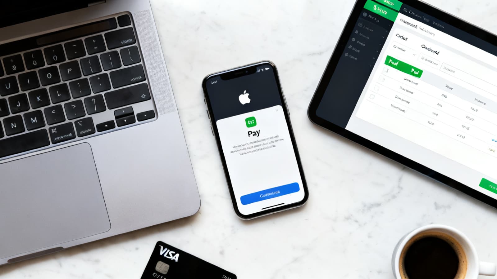 Close-up of a clean modern e-commerce checkout page on a Retina laptop display showing Apple Pay, Visa, Mastercard, and American Express buttons above a hosted Peptide-Pay payment session, with a hardware crypto wallet and a black credit card on a light wood desk — the credit card UX for a peptide shop.
