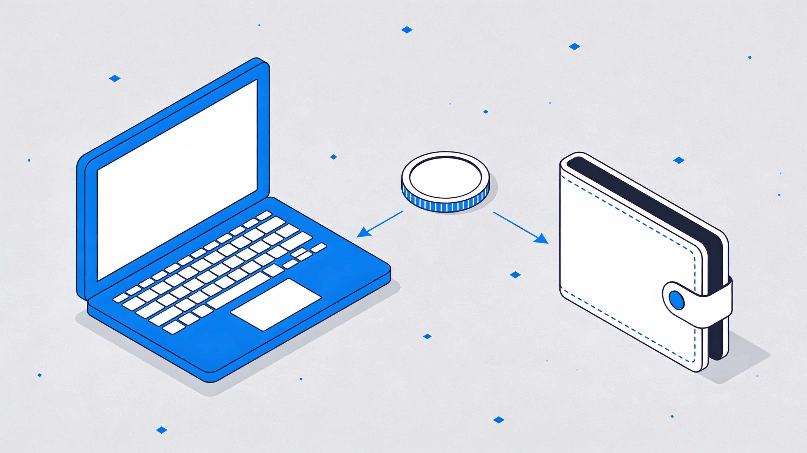 Macro flat-lay d'un MacBook Pro affichant un code editor TypeScript épuré à gauche, un explorateur blockchain Polygon à droite avec un virement USDC récent mis en évidence, et un hardware wallet (Ledger) posé sur un bureau en ardoise — le setup de paiement crypto non-custodial d'un marchand peptide.