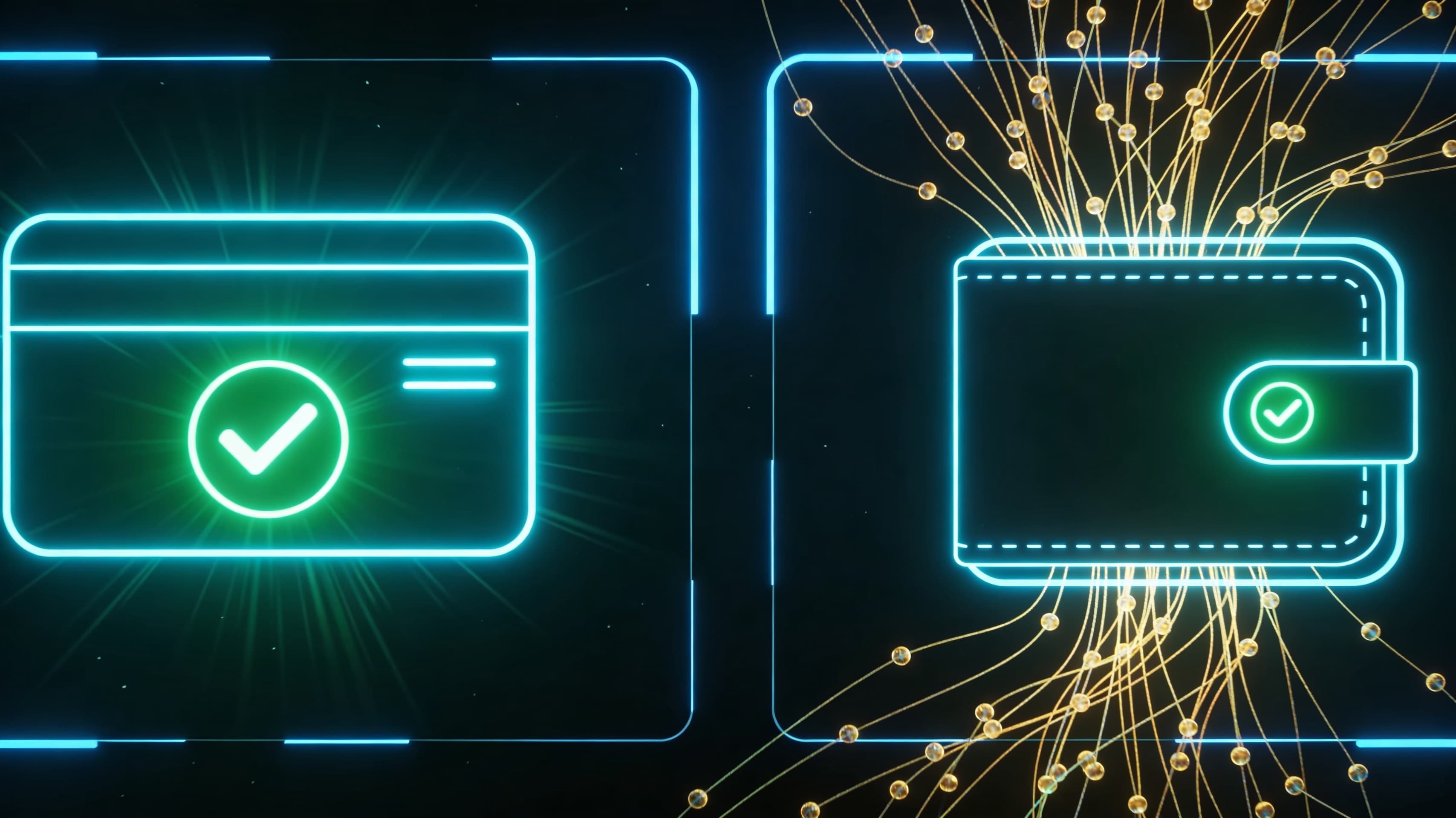 Split-screen dashboard showing a Visa card authorization approved under MCC 6051 on the left and a Polygon USDC transfer landing in a merchant wallet 34 seconds later on the right — the complete fiat-to-crypto payment gateway flow.