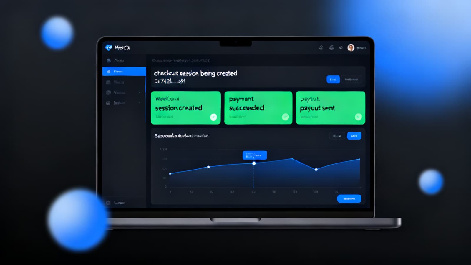 Dashboard fintech épuré sur une workstation dev avec double moniteur affichant une console d'intégration de gateway de paiement high-risk avec taux d'approbation, routing MCC et ledger de settlement USDC — la vue backend d'une stack de paiement e-commerce peptide.