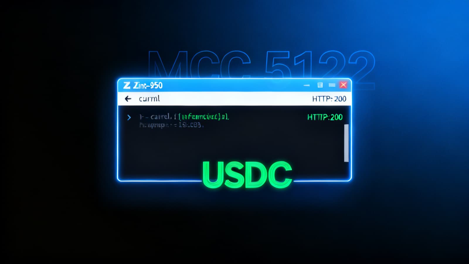 Dashboard développeur sur un écran ultra-wide affichant un diagramme de routing MCC avec le flow de transaction du réseau carte vers le classifier MCC 5122, rejet, puis re-routage via un on-ramp crypto MCC 6051, avec timestamps d'approbation et entrées de ledger de settlement USDC — la vue technique d'un payment processor peptide.
