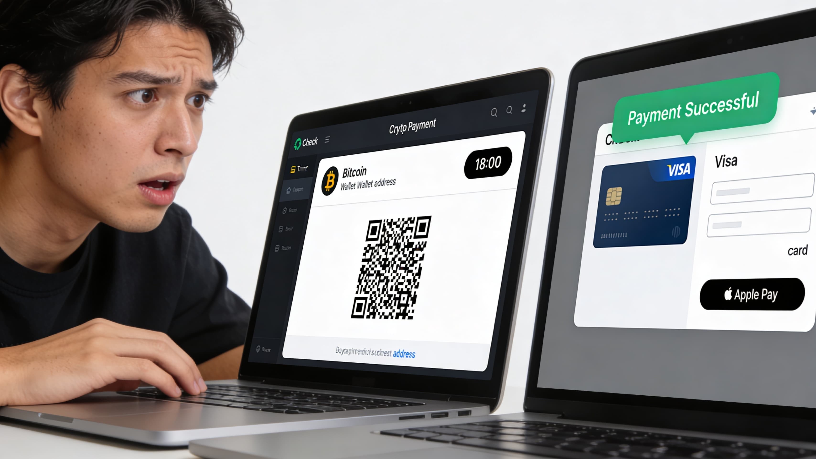 Side-by-side checkout comparison on a laptop: left screen shows a NowPayments crypto-address invoice with a 20-minute timer ticking down and a buyer staring at a "Send 0.00047 BTC" instruction; right screen shows a Peptide-Pay hosted checkout with a Visa card form, Apple Pay button, and green "Payment successful" overlay — the UX difference between a crypto-only gateway and a fiat-to-crypto alternative.