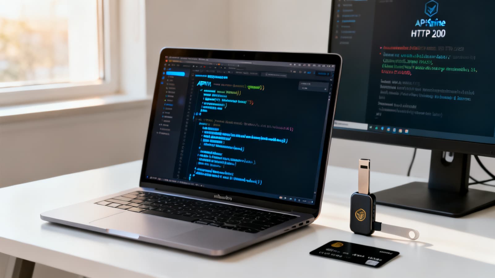 MacBook Pro sur un bureau blanc épuré affichant un code editor d'intégration API TypeScript à côté d'un second moniteur affichant une réponse HTTP 200 de succès, avec un hardware wallet crypto et une carte bancaire noire sur le bureau — le setup développeur pour une intégration payment processor peptide.