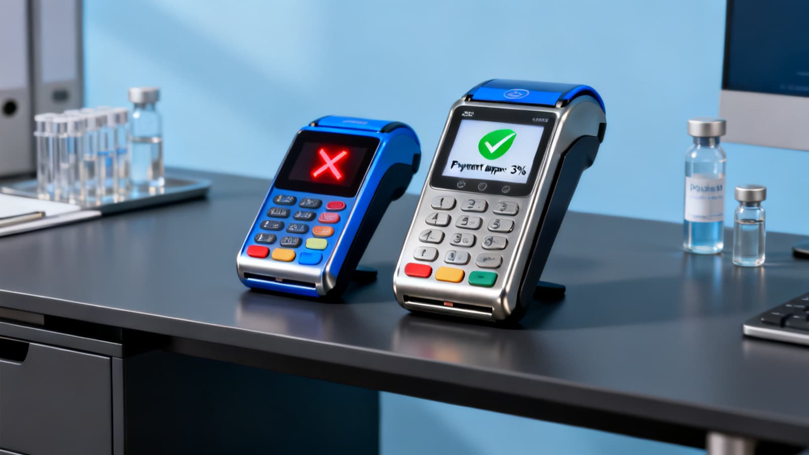 Laptop developer su una scrivania nera opaca che mostra un editor di codice affiancato a una dashboard Stripe con errore "Account suspended" e una dashboard verde di Peptide-Pay che mostra settlement USDC live — la migrazione da Stripe a Peptide-Pay per uno store e-commerce peptide.