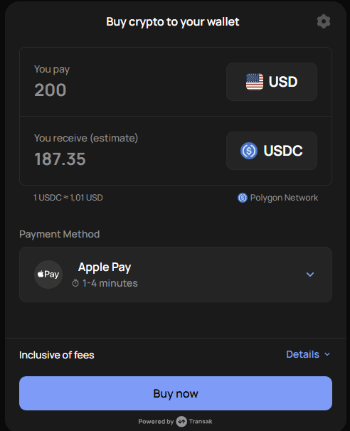 Real Transak checkout: 'Buy crypto to your wallet — You pay 200 USD, You receive 187.35 USDC'. The wallet field is invisible to the customer because PeptidePay pre-fills it with the merchant's address.